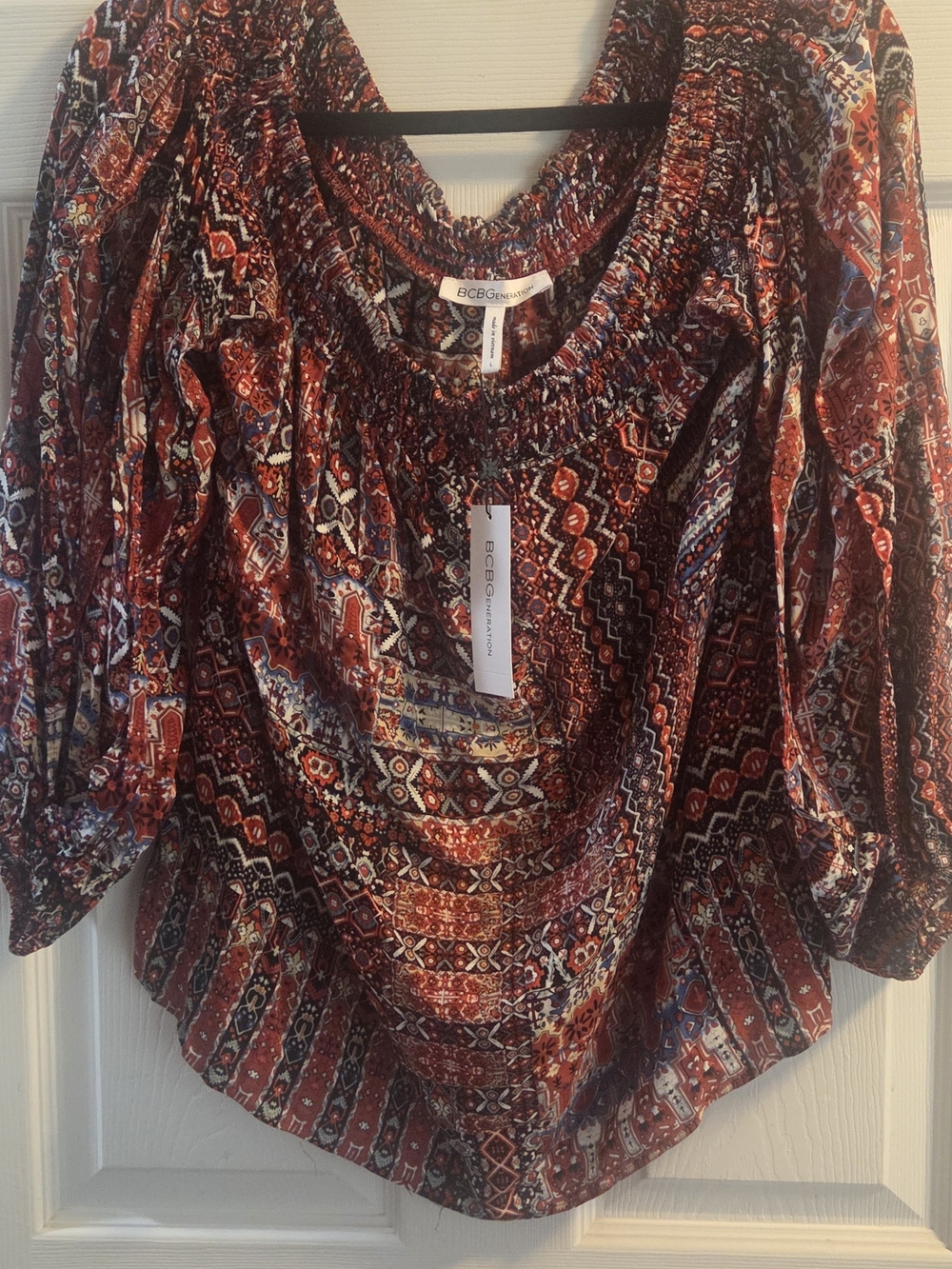 BCBGeneration Cold Shoulder Womends Large Multi-Pattern Boho Peasant Blouse